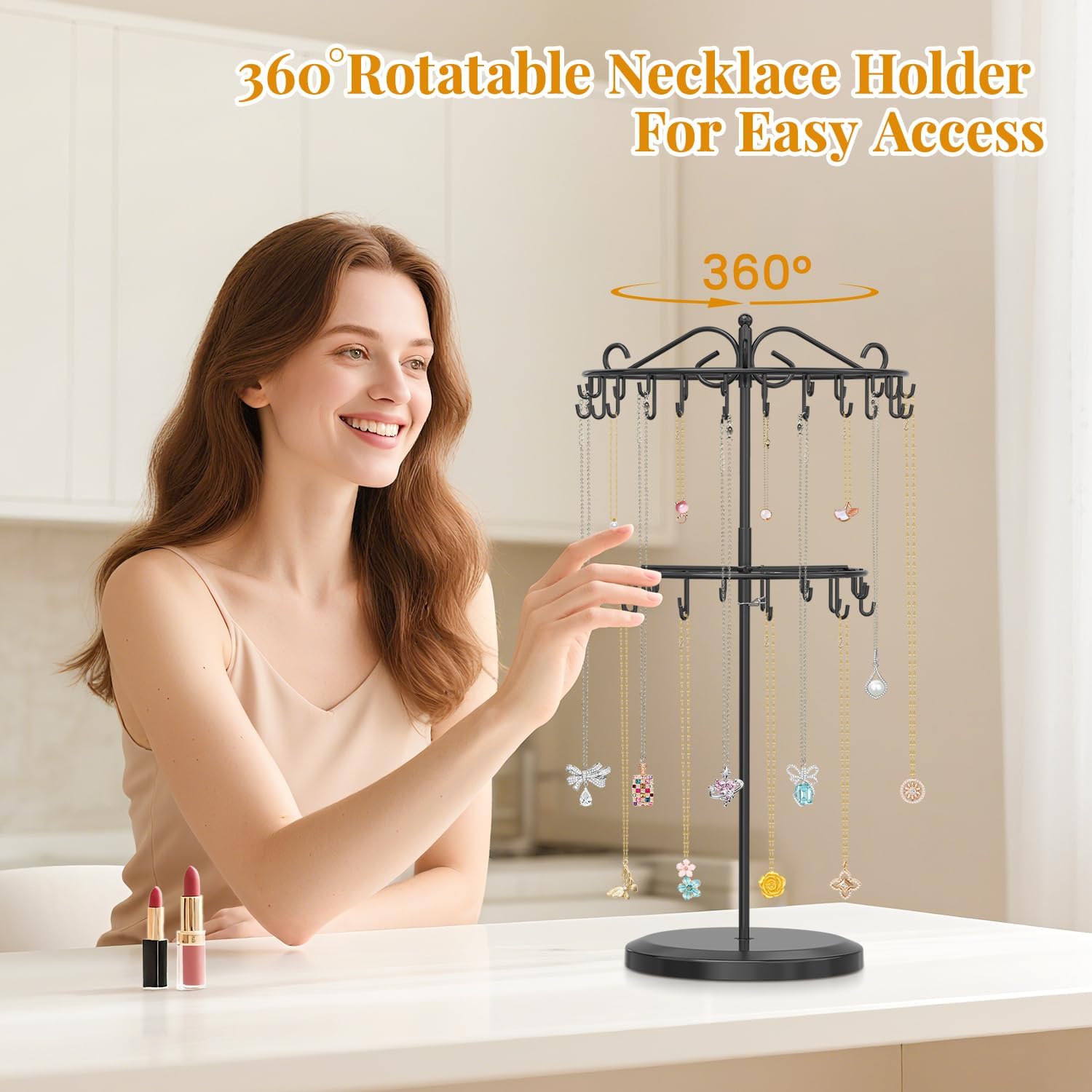 EsLuker.ly Necklace Holder Organizer Rotating Display Stand, 2 Tier Adjustable Height Necklaces Hanger Tree Tower with 42 Hooks, Metal Tall Jewelry Bracelet Storage Rack for Women Vendors Sell, Black