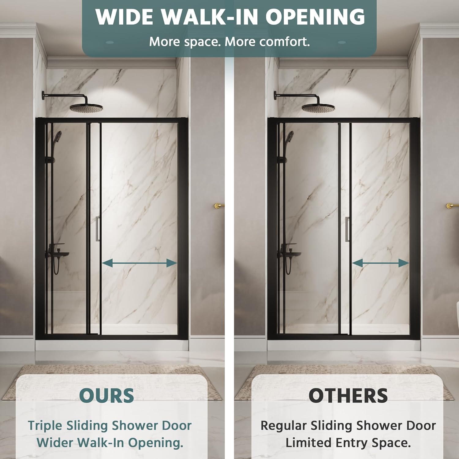 44"-48" W x70 H Triple Sliding Shower Door with Large 24 1/4" Walk-in Opening, Glass Shower Doors with 1/4" (6mm) Clear SGCC Tempered Glass, Matte Black Finish, Reversible Installation