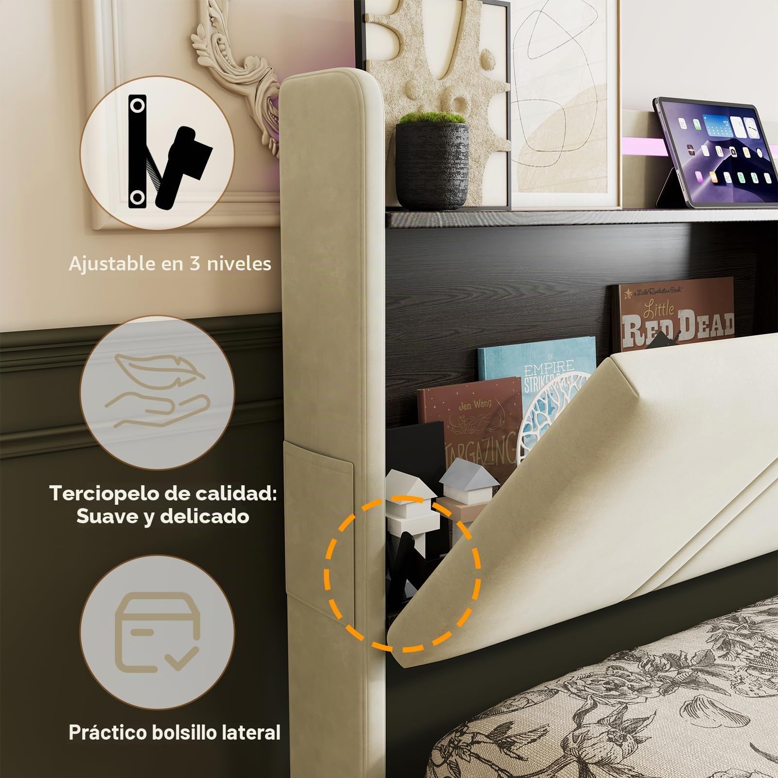 Camas Matrimoniales 160x200 con Tira LED y USB C, Cama Canape con 4 Cajones y Cabecero Almacenaje Multifuncional,Cama Tapizada en Terciopelo,Somier Madera,Marco metálico,Estable500kg,Beige