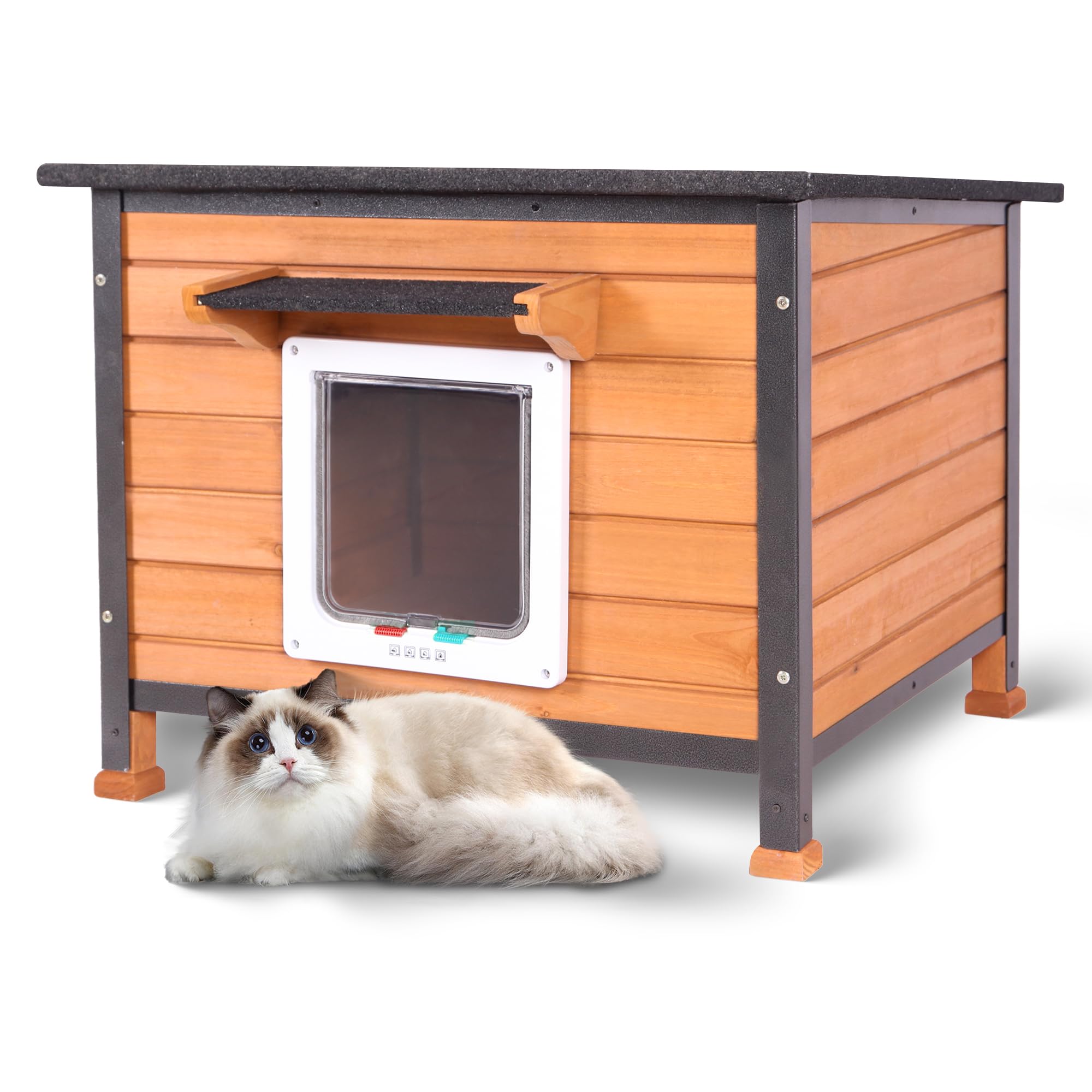 Akinerri Classics Wooden Outdoor & Indoor Cat House,Waterproof Asphalt Roofs and Metal Frames Cat Cave with Moisture Proof Elevated Base Animal Shelter (Brown) 64cm(L)x58cm(W)x51.5cm(H) — image 1