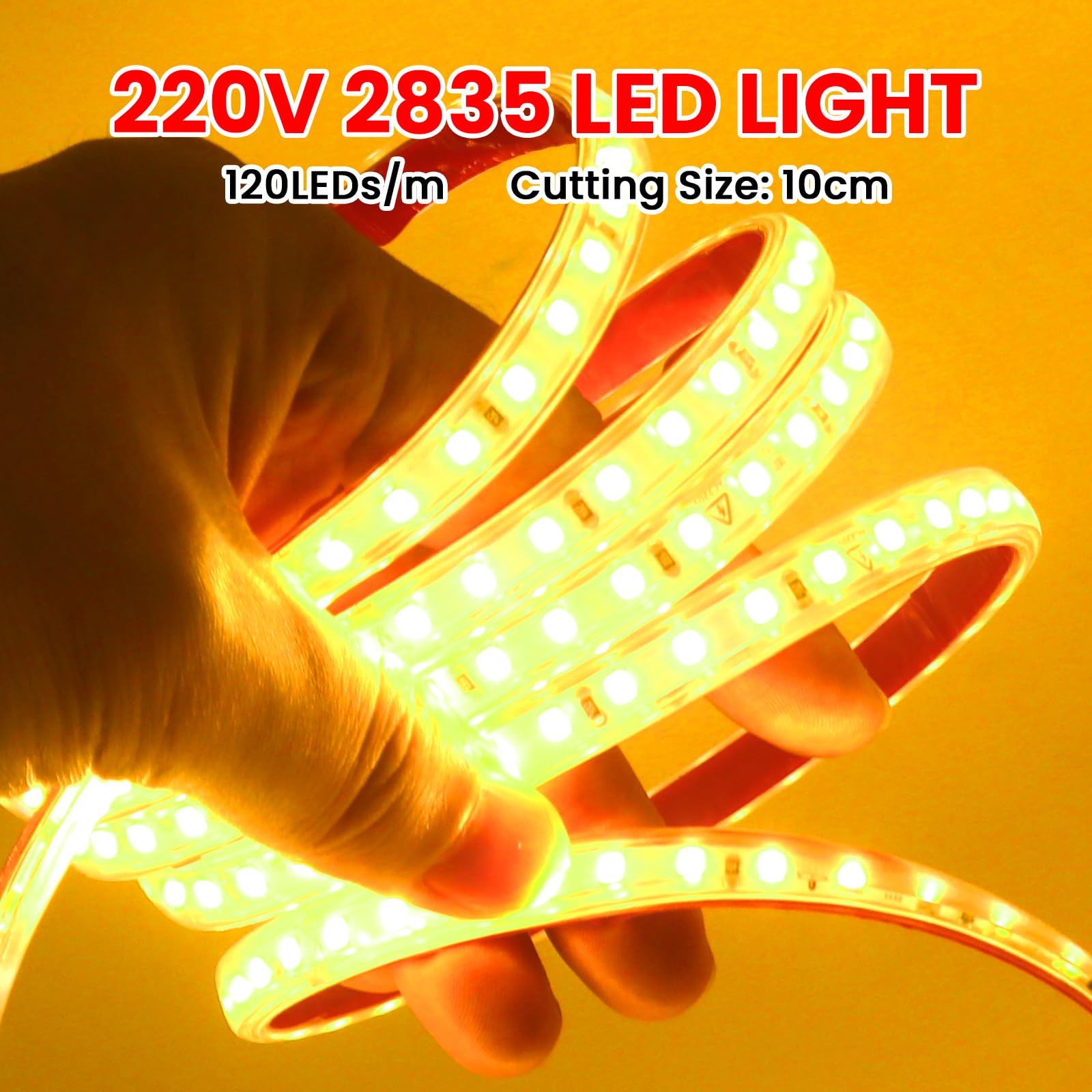 220V Tira LED con On/Off [50m,Amarillo],IP65 Estanco Flexible,Tira de Luz LED Recortable CRI85+,Iluminación decorativa hogar/tienda