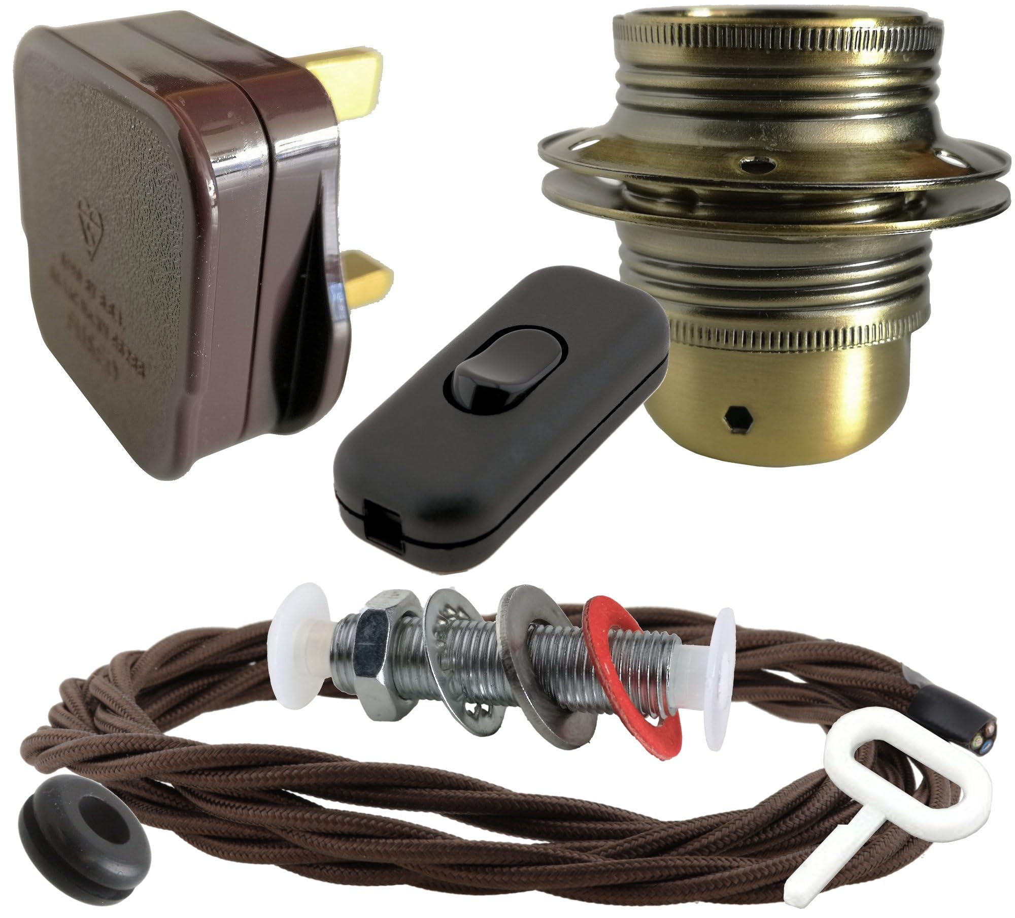 Art Deco Emporium Brown Lamp Repair And Service Kit| Plug| Flex|Black Switch|E27 Antique Brass Finish Lamp Holder Holder