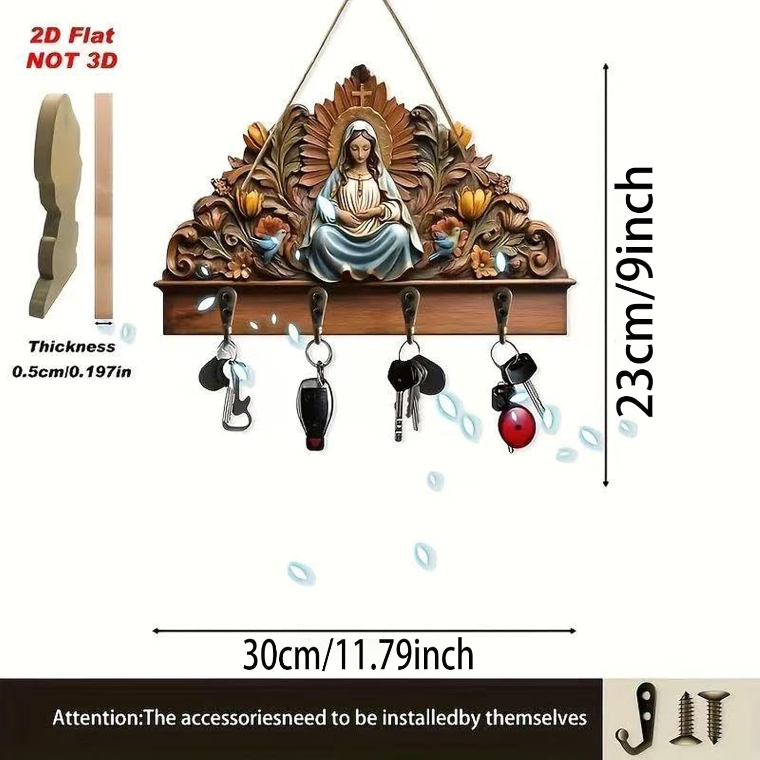 Virgin Mary Wall Mounted Key Holder, Floral & Bird Religious Key Rack with 4 Hooks, Catholic Devotional Entryway Organizer, Christian Faith Gift for Housewarming and Spiritual Home Decor