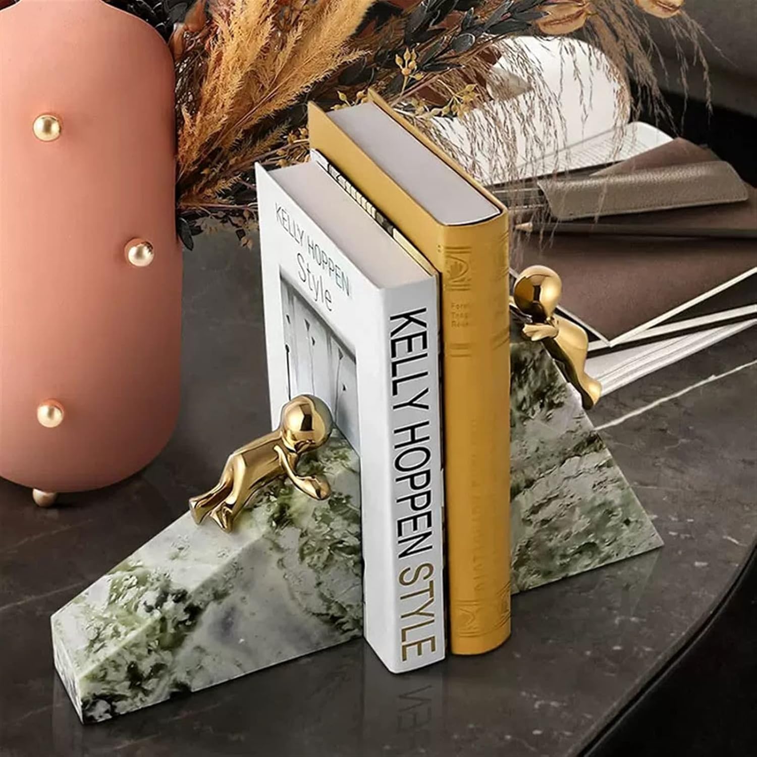Bookends Book Ends to Hold Books - Brass Book Ends for Shelves, Marble Decorative Bookends for Heavy Books Stopper for Shelves Books Magazines Home Office Decor Decorative Bookends