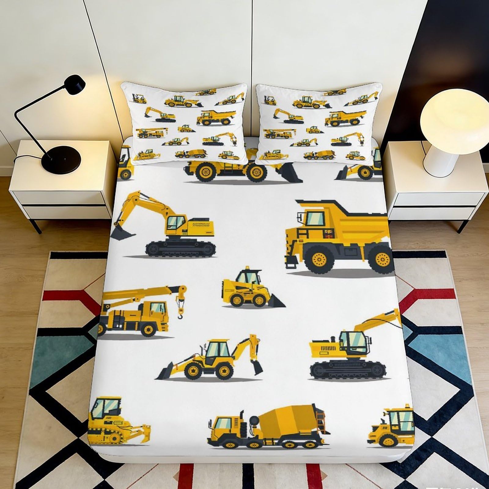 3D Printed Construction Vehicles Fitted Sheet Microfiber Soft Breathable Excavator Bed Cover for Bedroom Dorm Decoration 90x200x25cm