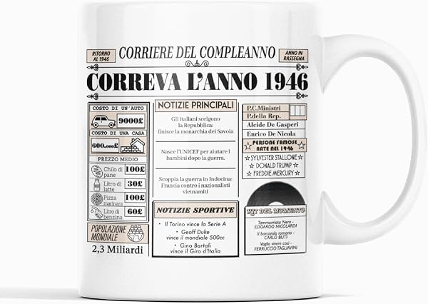 Gesar Tazza Regalo donna e uomo per compleanno 80 anni - ottantesimo - idee regalo 80 anni - Correva l'anno 1946 - CORRIERE DEL COMPLEANNO - tazza simpatica - Regali per nati nel 1946 - 2