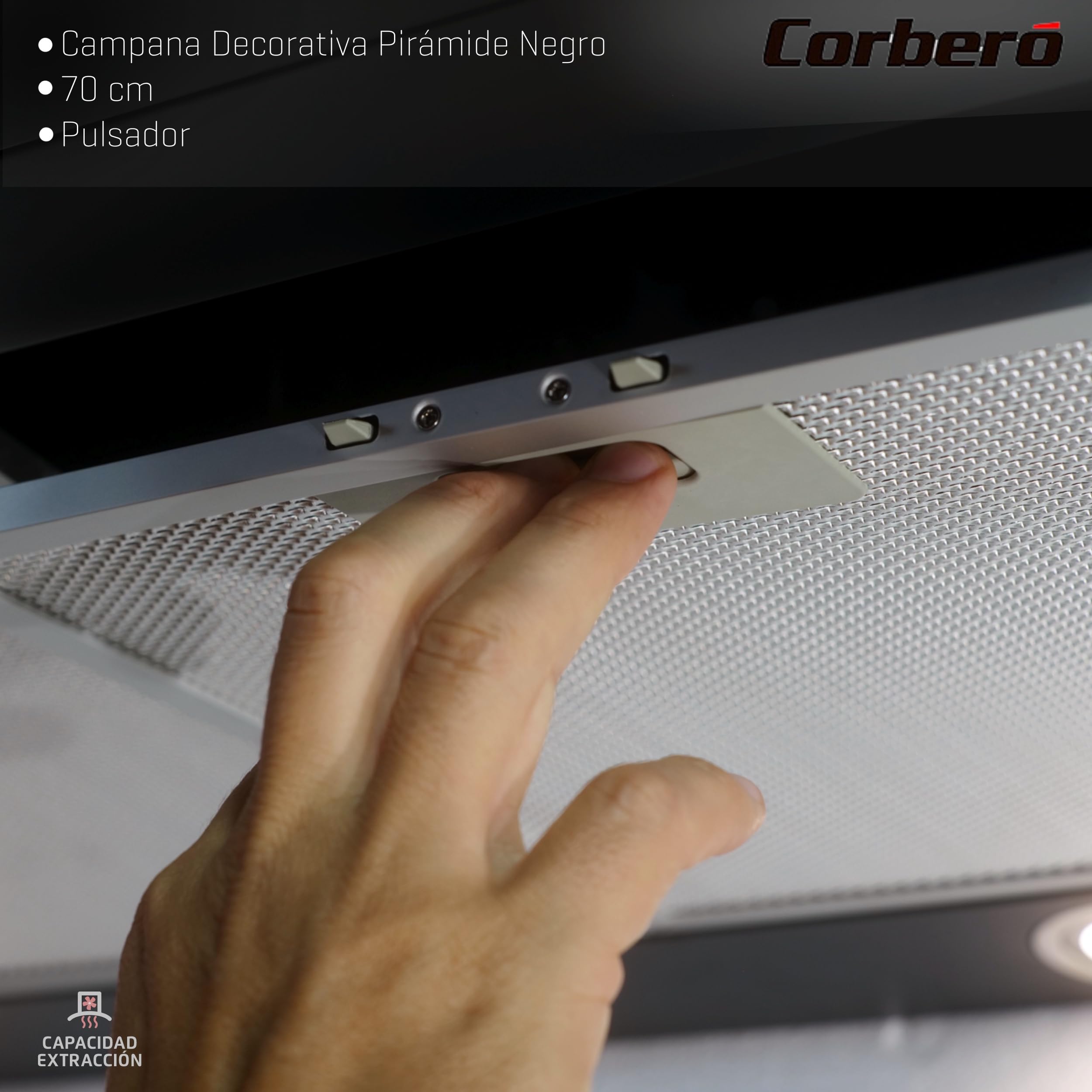 Corberó - Decoratieve piramide-afzuigkap, 70 cm, KURAMATHI760B, debiet 621,71 m³/h, 165 W, 3 snelheden, 2 aluminiumfilters, koolstoffilter, energie- efficiëntieklasse A, zwart Corberó - Decoratieve piramide-afzuigkap, 70 cm, KURAMATHI760B, debiet 621,71 m³/h, 165 W, 3 snelheden, 2 aluminiumfilters, koolstoffilter, energie- efficiëntieklasse A, zwart