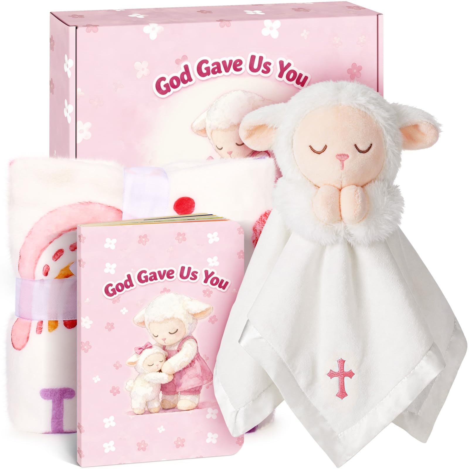 Baptism Gifts for Boys Girls Baby Comforters Blanket Baby Comforter Newborn Christening Gift Set Stuffed Lamb Comforter with Baby Blanket, Prayer Book Baptism Gift Set for Girls Lamb Plush (Pink)