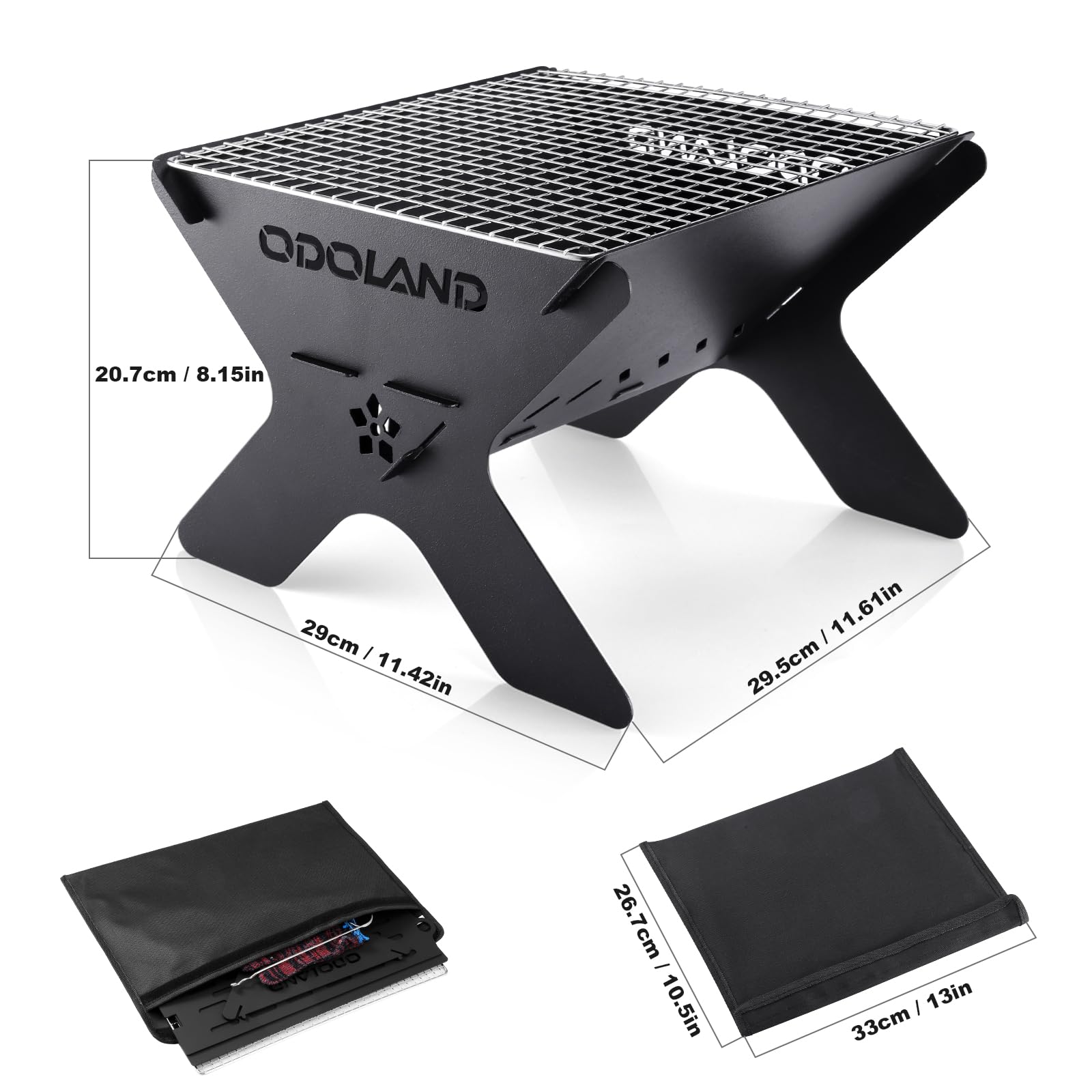 Odoland Camping Fire Pit, Portable Brasero Extérieur pour Camping, Barbecue à Foyer en Bois 2 en 1 avec Grille de Cuisson Amovible pour Barbecue en Plein Air, avec Sac de Transport