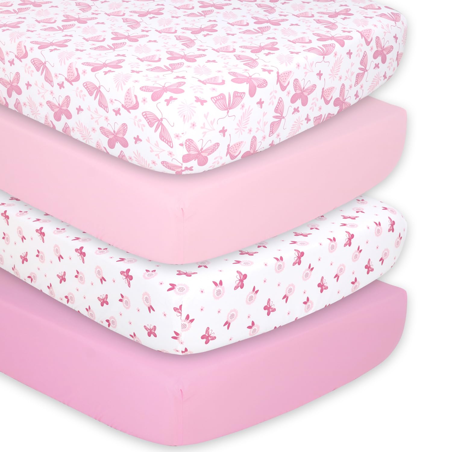 Juego de 4 sábanas ajustables para cuna Peanutshell, súper suaves y transpirables, para bebé niña, decoración infantil, aptas para colchón estándar, funda con diseño de mariposas.