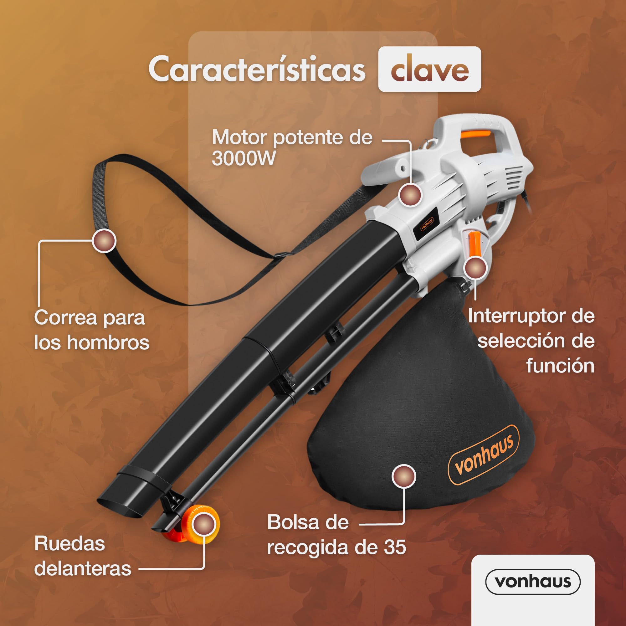 VonHaus Soplador Aspirador de Hojas Ligero de 3000W – Sopladora Aspiradora de Hojas de Jardín, Patio, Canalones, Caminos y Más, Correa de Hombro, Ruedas, Bolsa de Recogida de 35L 10:1 (Negro) - 4