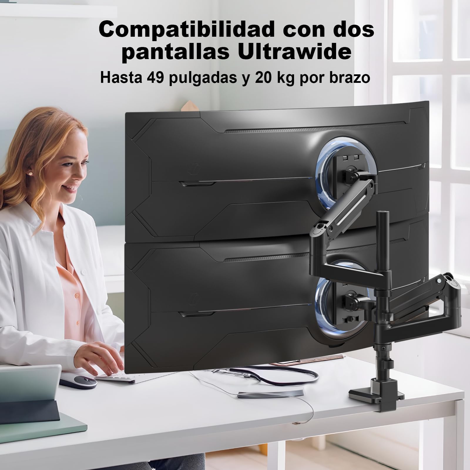 Soporte para Monitores PUTORSEN para 2 Pantallas de 17 a 49 Pulgadas - hasta 20 kg por Brazo, Soporte Extra Largo Ajustable en Altura y Giratorio para una ergonomía óptima, VESA 75/100 mm
