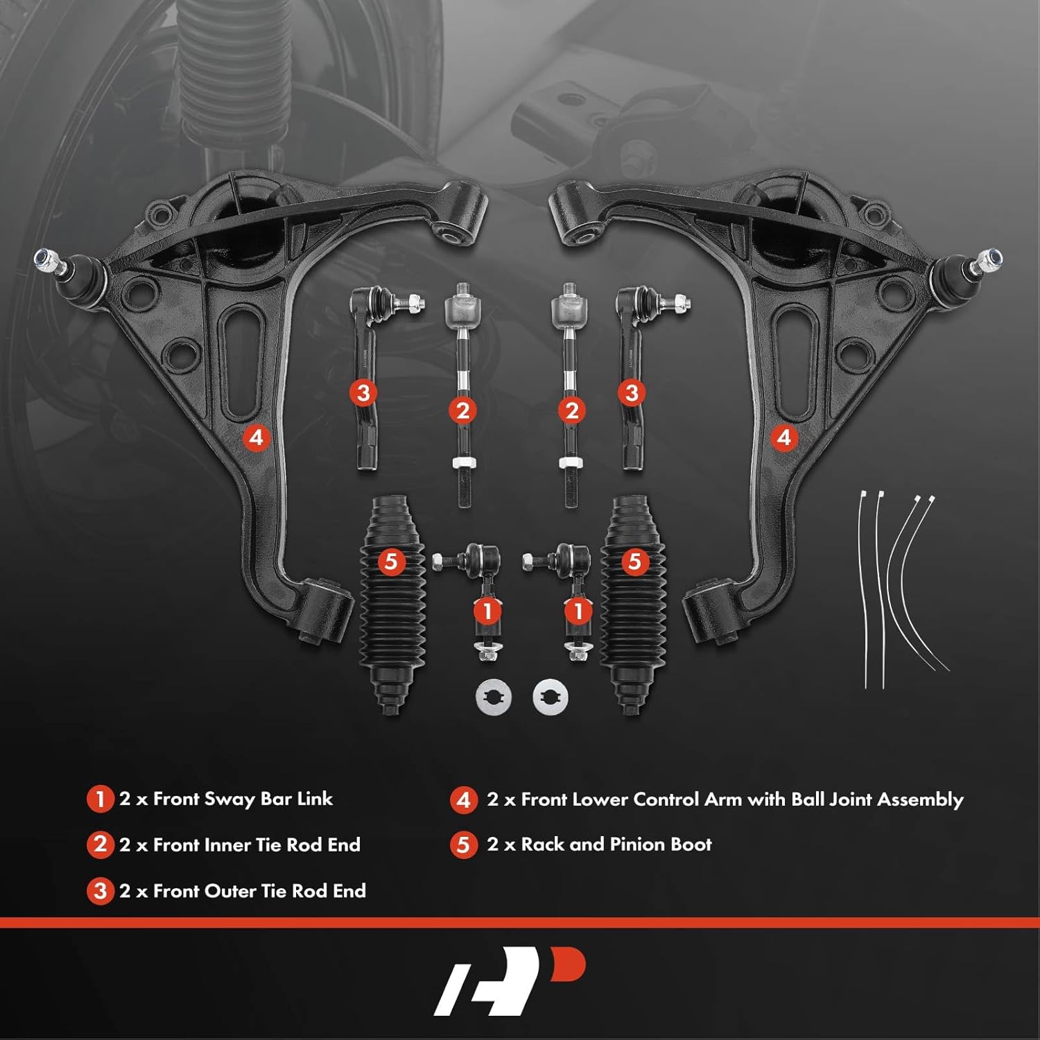 A-Premium Set of 10, Front Lower Control Arm, Sway Bar Link, Inner Outer Tie Rod End, Rack and Pinion Boot, Compatible with Chevrolet Tracker 1999-2004, Suzuki Vitara 1999-2004