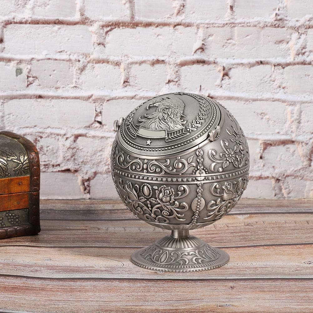 Zinc Alloy Ashtray Smell Proof with Push Down Lid Retro Globe Shape Embossed Pattern for Home Bar Hotel Lobby Coffee Table Senior Club Lounge