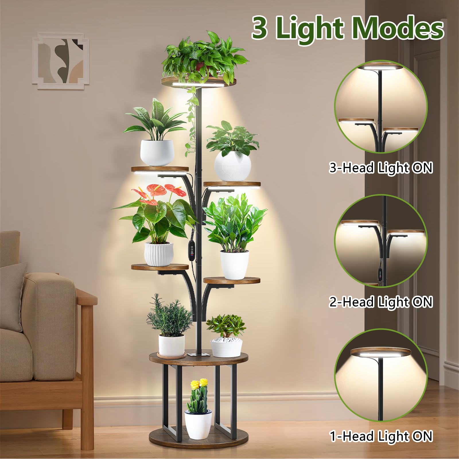 Scaffale per Piante con Luci di Crescita a Spettro Completo, 7 Livelli Torre Portafiori 148 cm in Metallo e Legno, Mensole per Piante da Interno ed Esterno con Timer e Presa UE