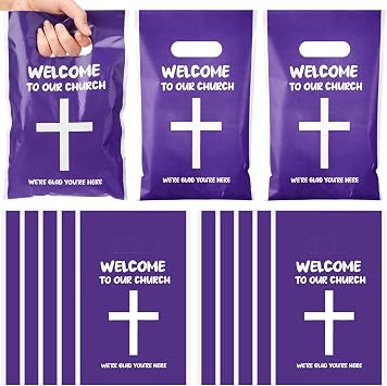 Cholemy 100 Pcs Welcome To Our Church Treat Bags Church Candy Bags with Handle Christian Events Plastic Goodie Colorful Baptism Communion Wedding Party Supplies and Gifts Wrapping, 9.84x6.5Purple