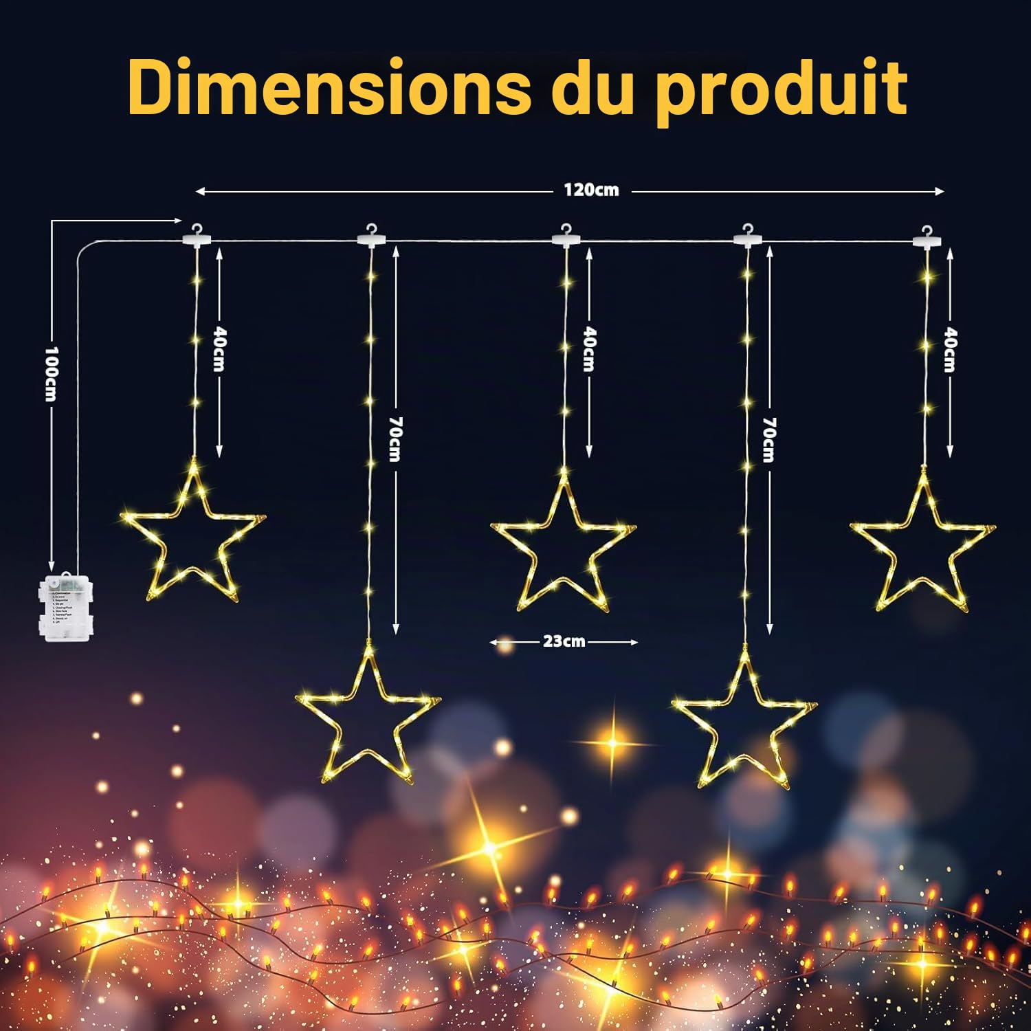 GlobaLink Rideau Lumineux Noël 5 Étoiles 96LED Guirlande Lumineuse Pile 8 Modes Étanche IP65 Minuterie Décoration Intérieur/Exterieure pour Sapin de Noël Fenêtre Chambre - Blanc Chaud