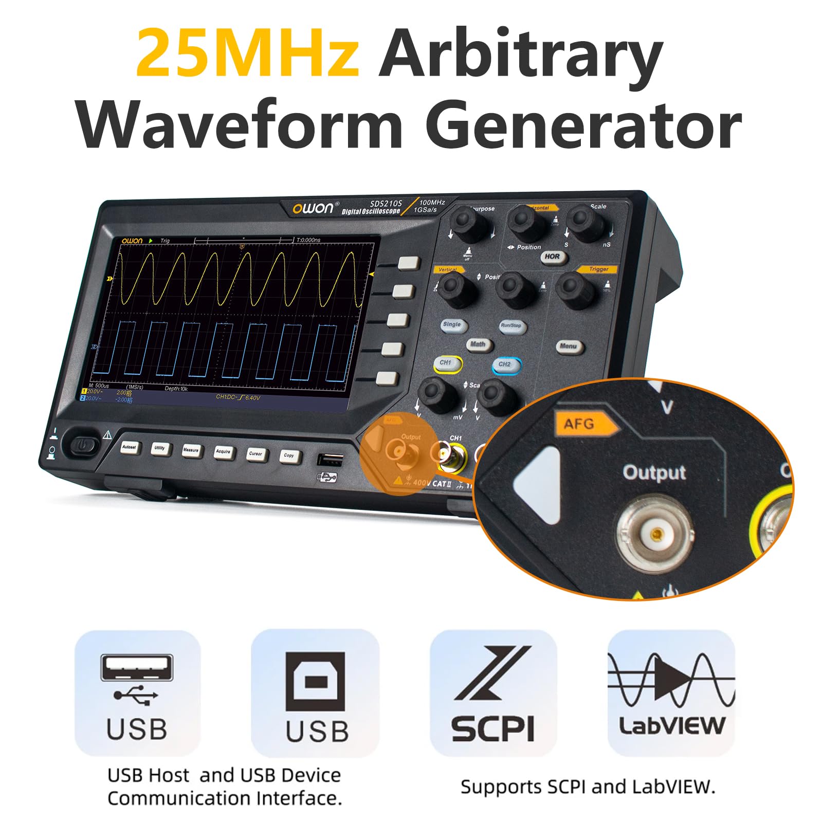 OWON SDS210S Osciloscopio digital 100 ancho de banda 2 canales 25 MHz forma de onda aleatoria 1 GS/s FFT+ 25MHz Generador de señal de 14 bits
