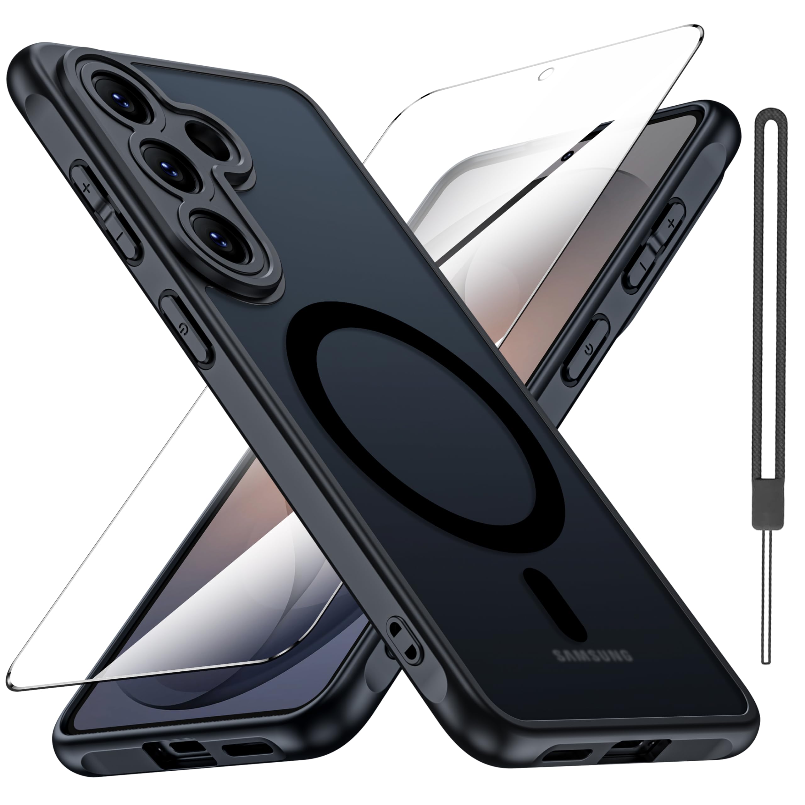 for Samsung Galaxy S26 ケース【強化フィルム付き・MagSafe対応】米軍MIL規格 耐衝撃 ストラップ付き マット質感 半透明 指紋防止・黄ばみ防止 ワイヤレス充電対応 ギャラクシー S26（ブラック）