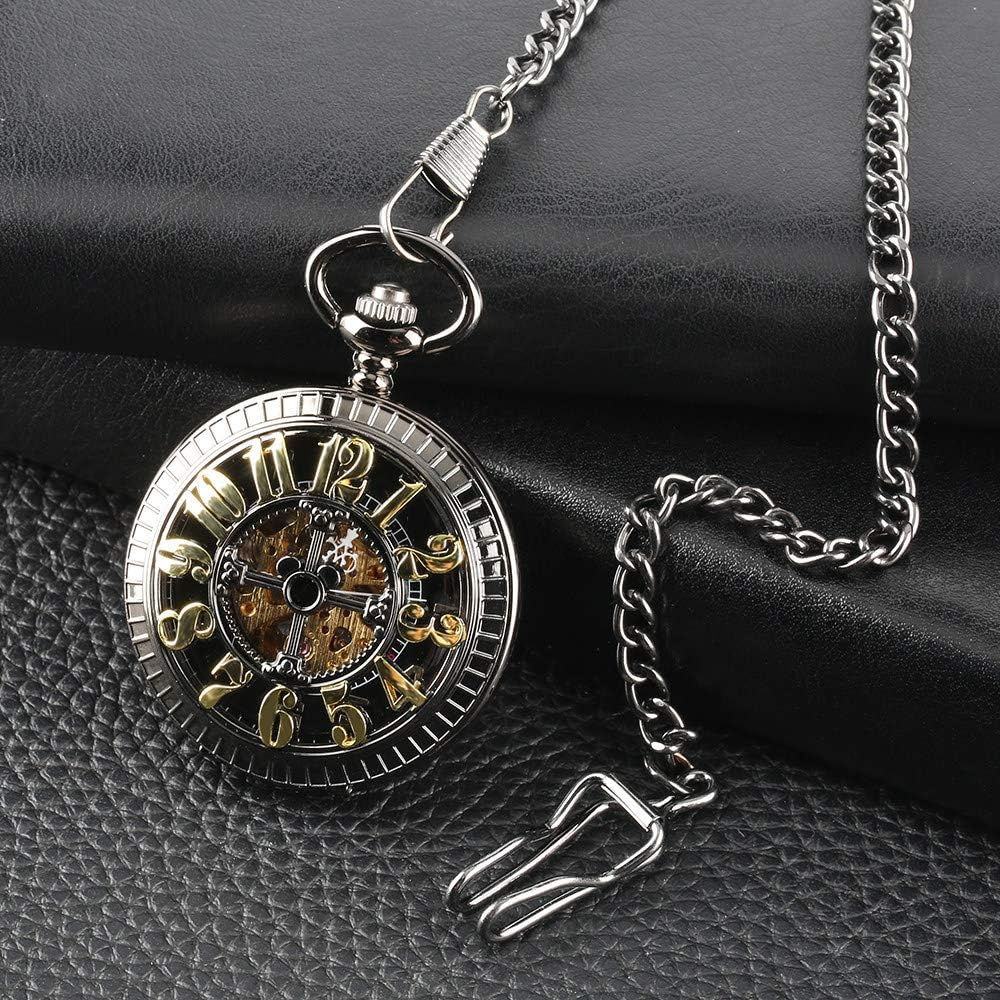 OIFMKC Pocket Watch Vintage Skeleton Luxury Cartoon Mouse Golden Number Automatic Mechanical Pocket Watch Stylish Hollow Unique Black Chain Gifts