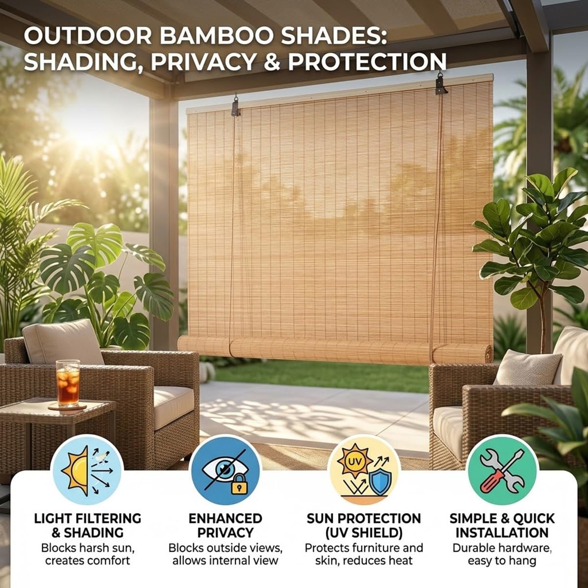 Tenda da Sole per Esterno in Bambù con Arrotolamento a Carrucola, Tapparella Avvolgibile per Balconi e Giardino, Protezione Solare, Protezione della privacy(Marrone,W130xH150cm)