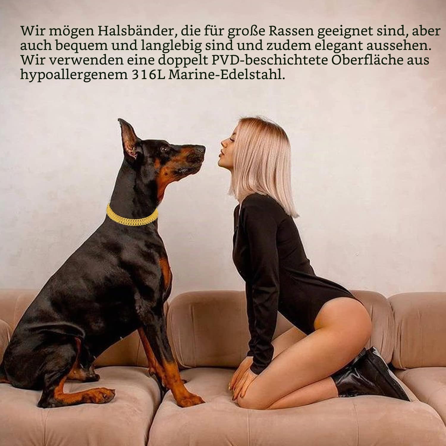 Goldfarbenes Hundehalsband, Edelstahl, 18-karätiges Gold, verstellbares Gehen, Metall, Cuban Link Panzerkette, kaufest, Zweireihige Kette, für große, kleine, mittelgroße Hunde, 30,5–40,6 cm, 18 Karat