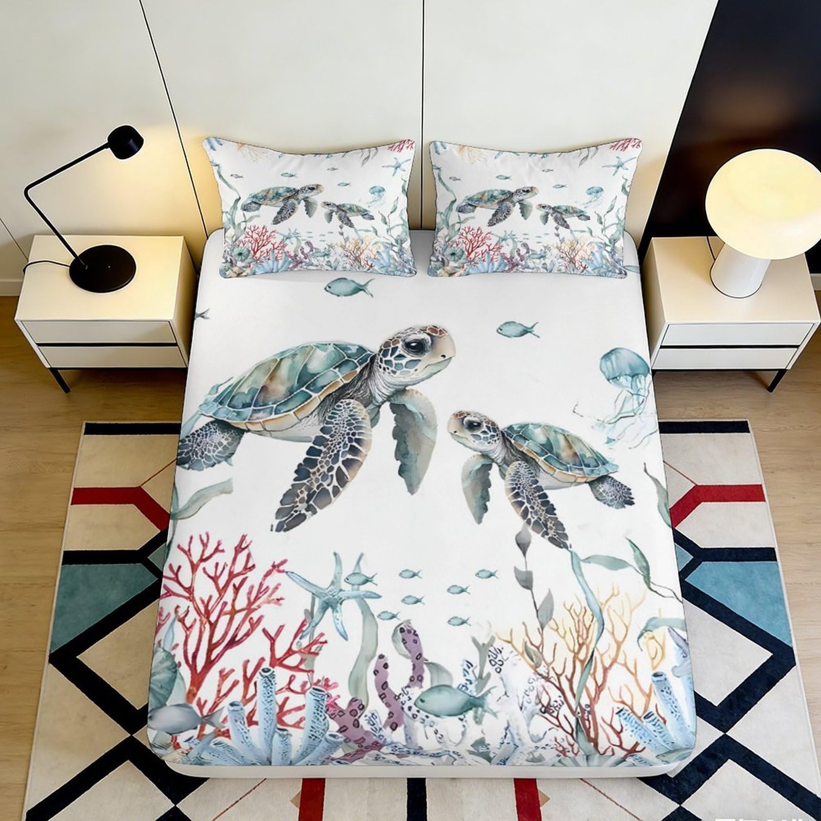 3D Printed Sea Turtle Fitted Sheet Microfiber Soft Ocean Coral Mattress Cover for Bedroom Guest Room Decor 90x200x25cm