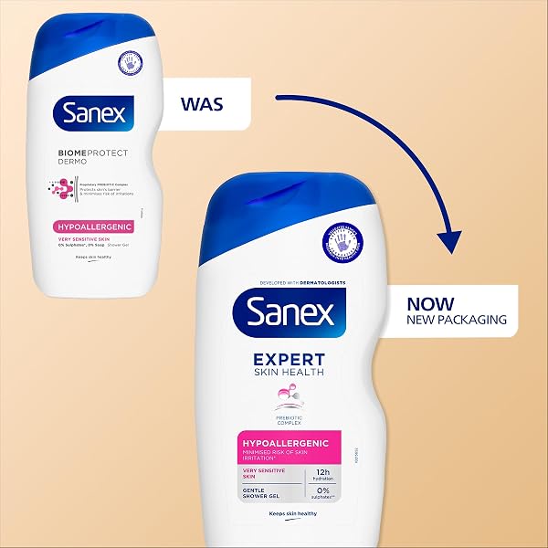 Sanex Sanex Expert Skin Health Hypoallergenic Shower Gel l 570ml, for Very Sensitive Skin, Sensitive Shower Gel, 12 Hour Hydration, Prebiotic & Postbiotic Complex, Dermatologically Tested, 0% Sulphates** in use