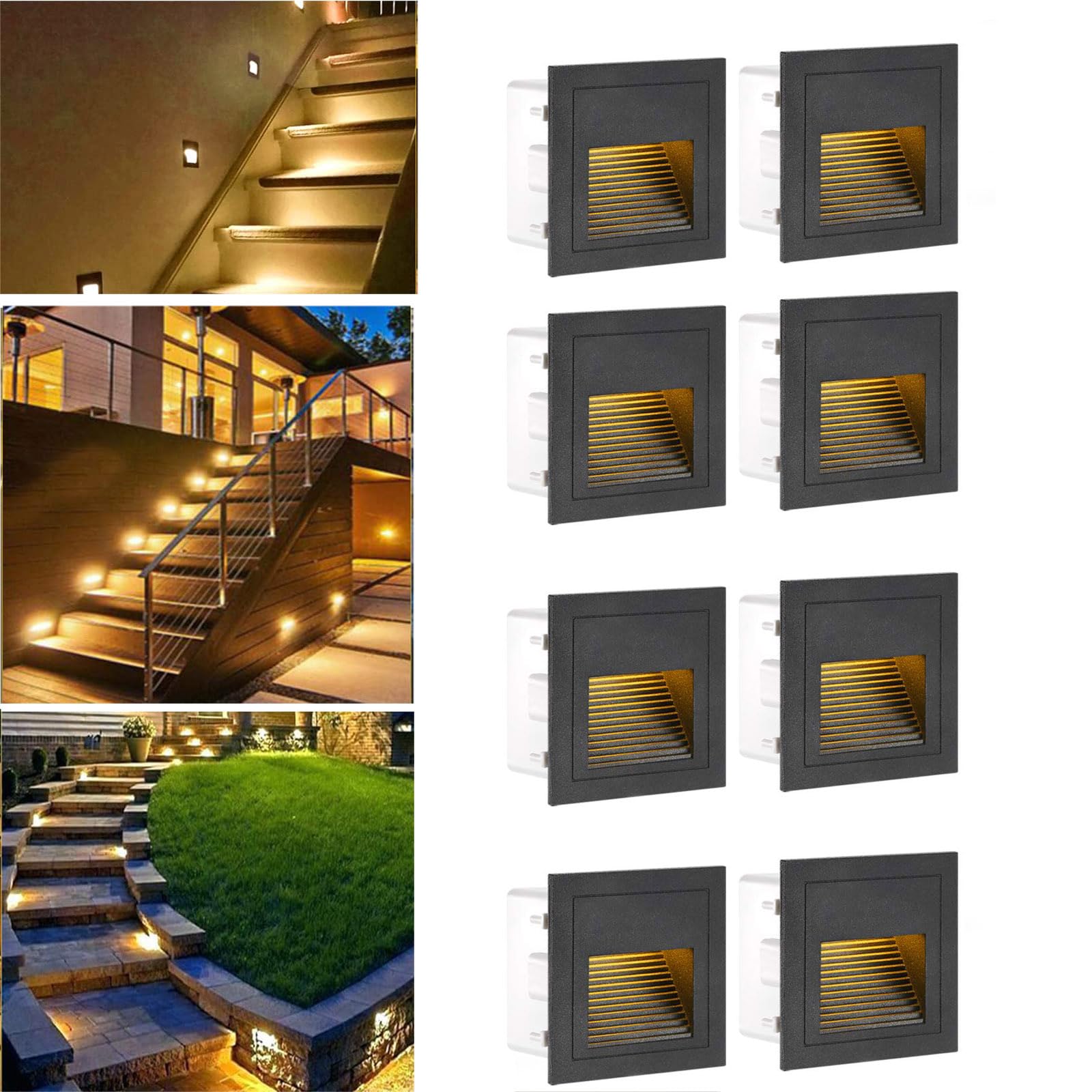 SUBOSI3W Recessed Wall Light, IP65 Waterproof Square Stair Lights, Warm White Wall Light with Recessed Box, 230V Wall Lighting Aluminium Staircase Recessed Step, Pack of 8, Black