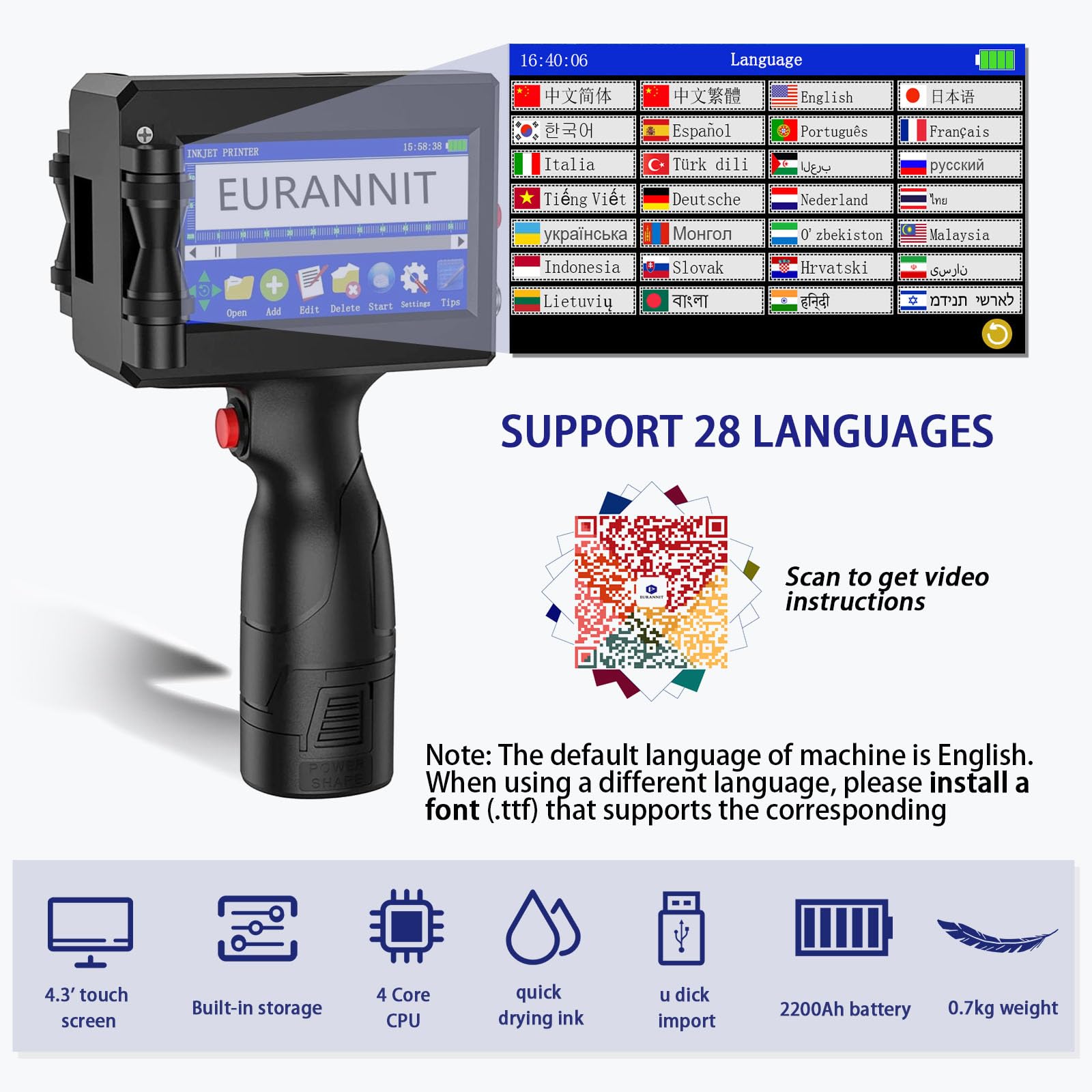 Tragbarer Tintenstrahldrucker, 25,4 mm, E15-1, Tintenstrahldruckerpistole, tragbar, mit Koffer, Touchscreen, LED 4,3 Zoll für Text, Logo, Datum, Chargennummer, QR