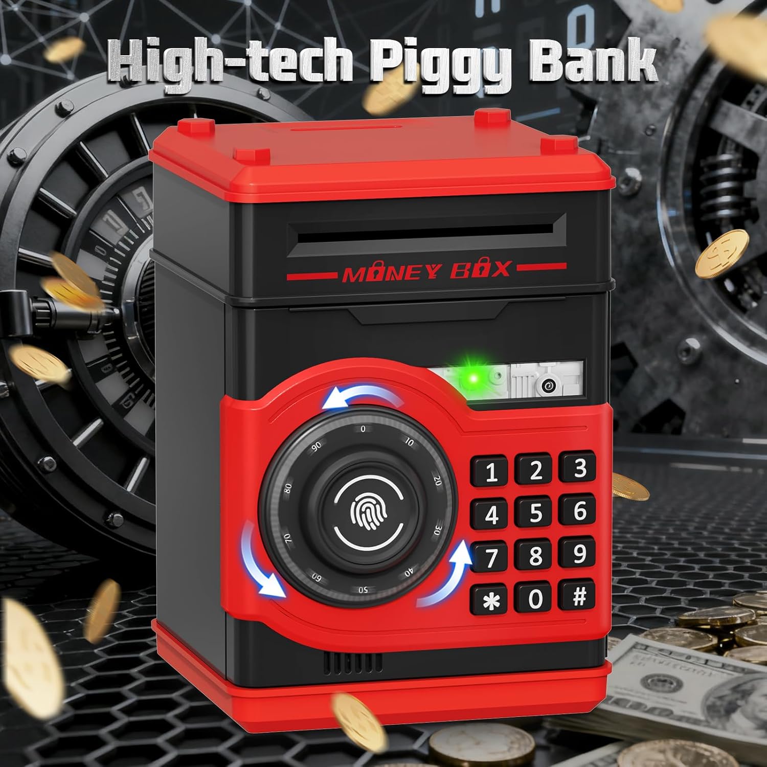Piggy Bank for Kids, Rotating Wheel Fingerprint Simulation Money Box Saving Box Toys Birthday Gift for 4 5 6 7 8 9 10 11 12 Year Old Boy Girl Grandson Granddaughter Electronic ATM Safe Cash Coin Box