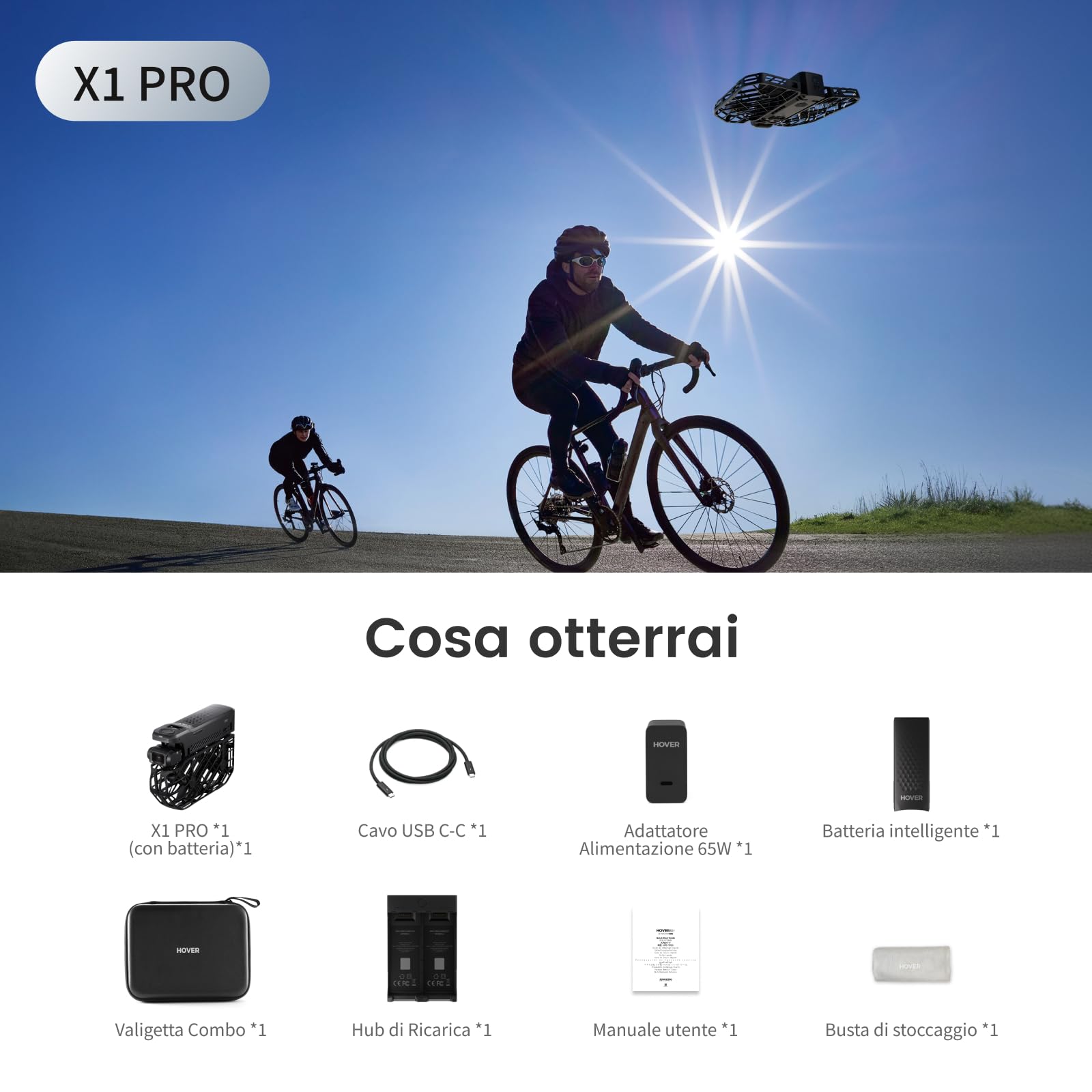 HOVERAir X1 PRO Action Cam Volante, drone 4k pieghevole con 10+ Modalità di Volo Completamente Automatiche, 42 KM/H Velocità di Follow, Vola Ovunque con OmniTerrain(Basic Combo)
