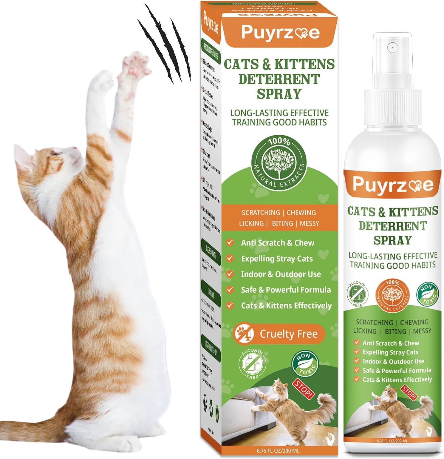 puyrzoe Natural Cat Deterrent Spray, 200ML Kitten Cat Repellent Spray Anti-Scratch for Furniture, Sofas, Curtains, Plants, Non-Toxic, Non-Alcohol Behavior Training Aid for Indoor & Outdoor