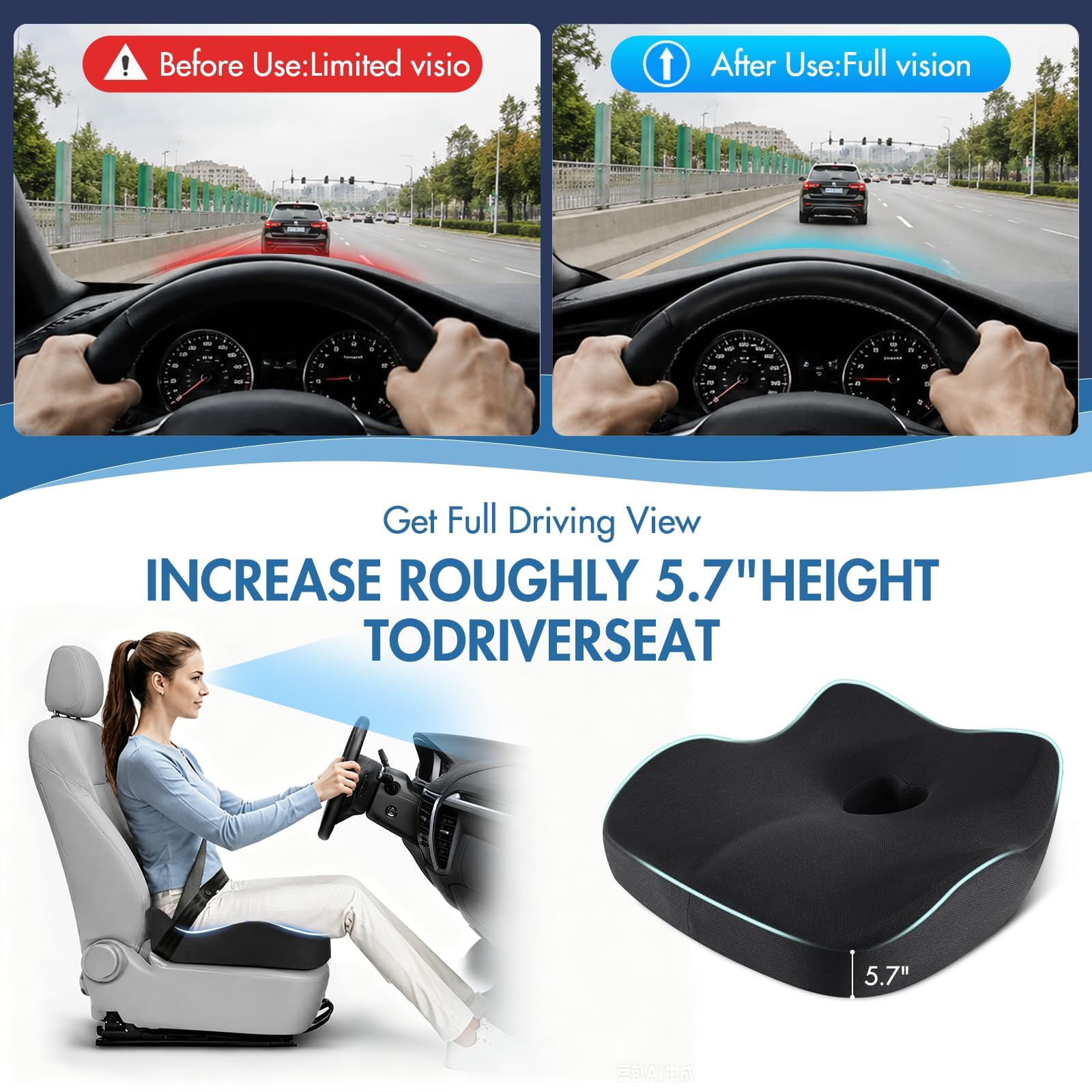 Cuscino per seggiolino auto, ergonomico, in memory foam, per alleviare il dolore alla sciatica, cuscino per sedile di guida più grande per guidatori corti su lunghi viaggi in auto, camion, ufficio