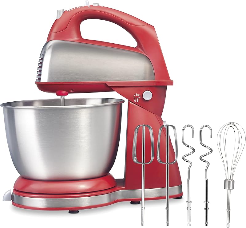 Hamilton Beach Classic Batidora de pie y de mano, 4 cuartos, 6 velocidades con QuickBurst, reposapiés, potencia máxima de 290 vatios, rojo (64654)