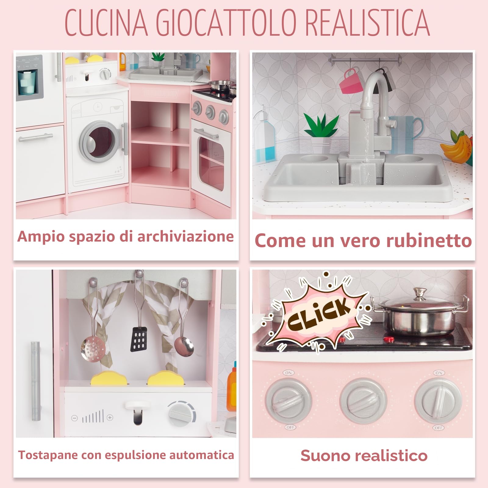 WOODENFUN Cucina per Bambini in Legno Rosa, Cucina Giochi con Lavello, Forno, Accessori per Bambini dai 3 Anni in Su (Rosa 2)