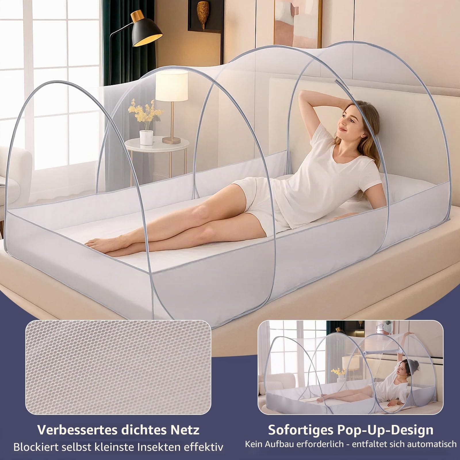 Pop-Up Faltbares Moskitonetz, Einzel-Familienbett Moskitonetz mit Reißverschluss, tragbares Campingzelt, einfach aufzubauen, Moskito-Zelt für Zuhause, Camping, Reisen, Wohnheim