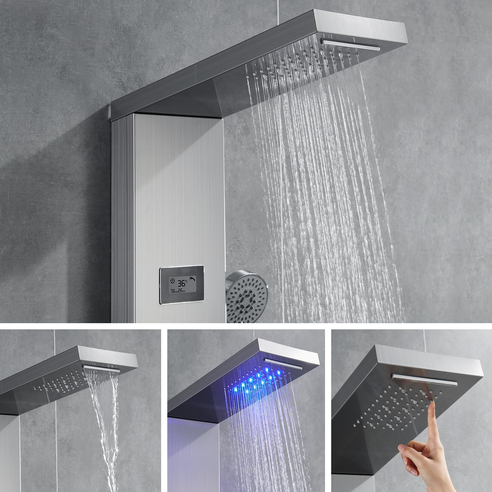 Auralum Colonne de Douche avec Lumière LED, Panneau Mural Douche Acier Inox Multifonction avec LCD, Colonne de Douche Hydromassante 3 Jets de Massage Salle de Bain