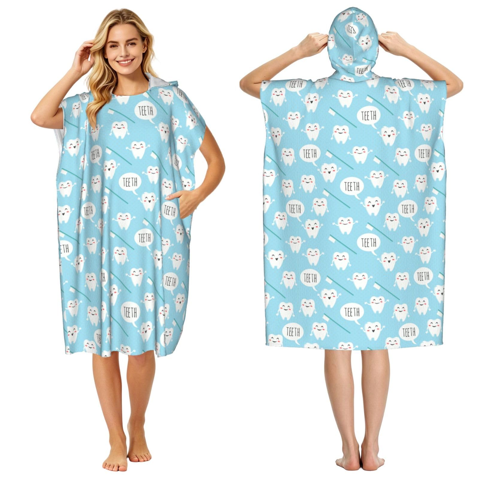 Poadnly Cute Dentist Dental Hygienist Print Blue, Adult Hooded Beach Towel 90 x 110 cm,Changing Bath Robe, Surf Poncho Towel For Women Men