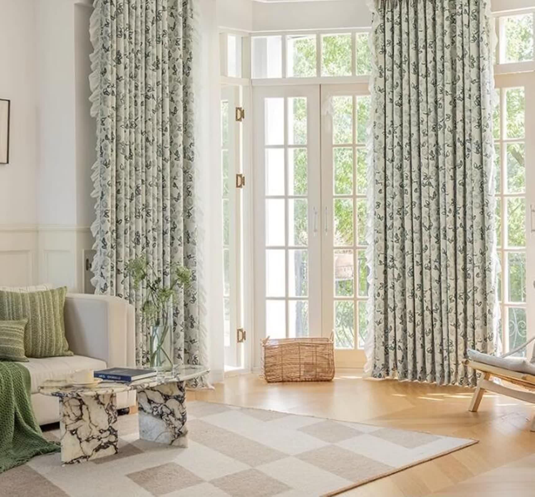 Verdunklungsvorhänge Wohnzimmer, Gardinen Deko 2 Stück Grün Chenille Blumenmuster mit Rüschen BxH 137x183cm
