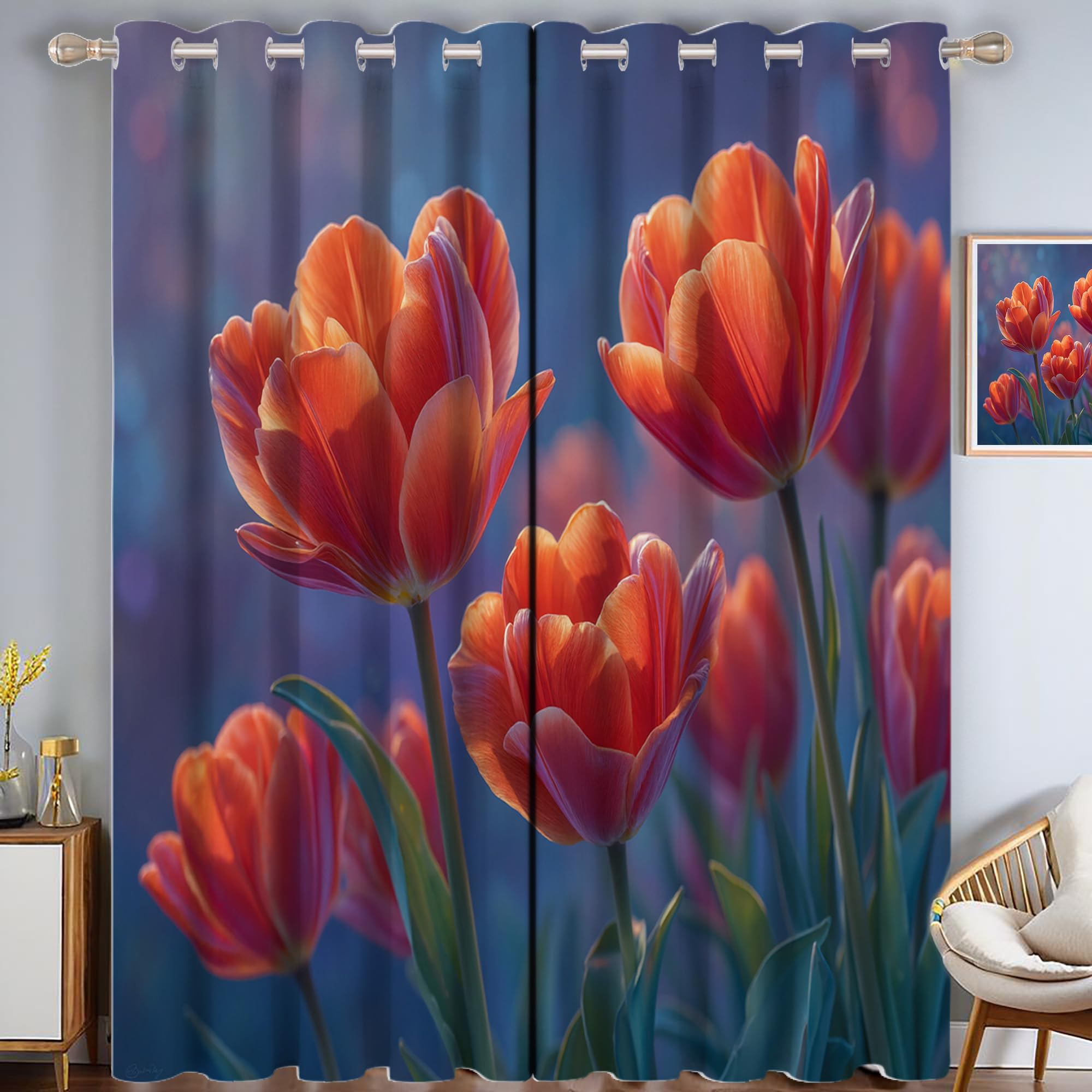 Rideau thermique isolant anti froid occultant orange motif tulipe 140x260 cm