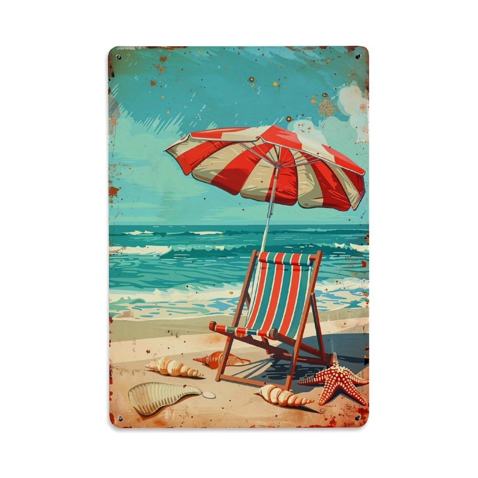 Jdfenggu Vintage Red White Striped Umbrella Beach Chair Seashells Starfish Retro Metal Tin Sign, Decor Art Poster For Bar, Home, Man Cave, Kitchen, Laundry Room Gift 8X12inch