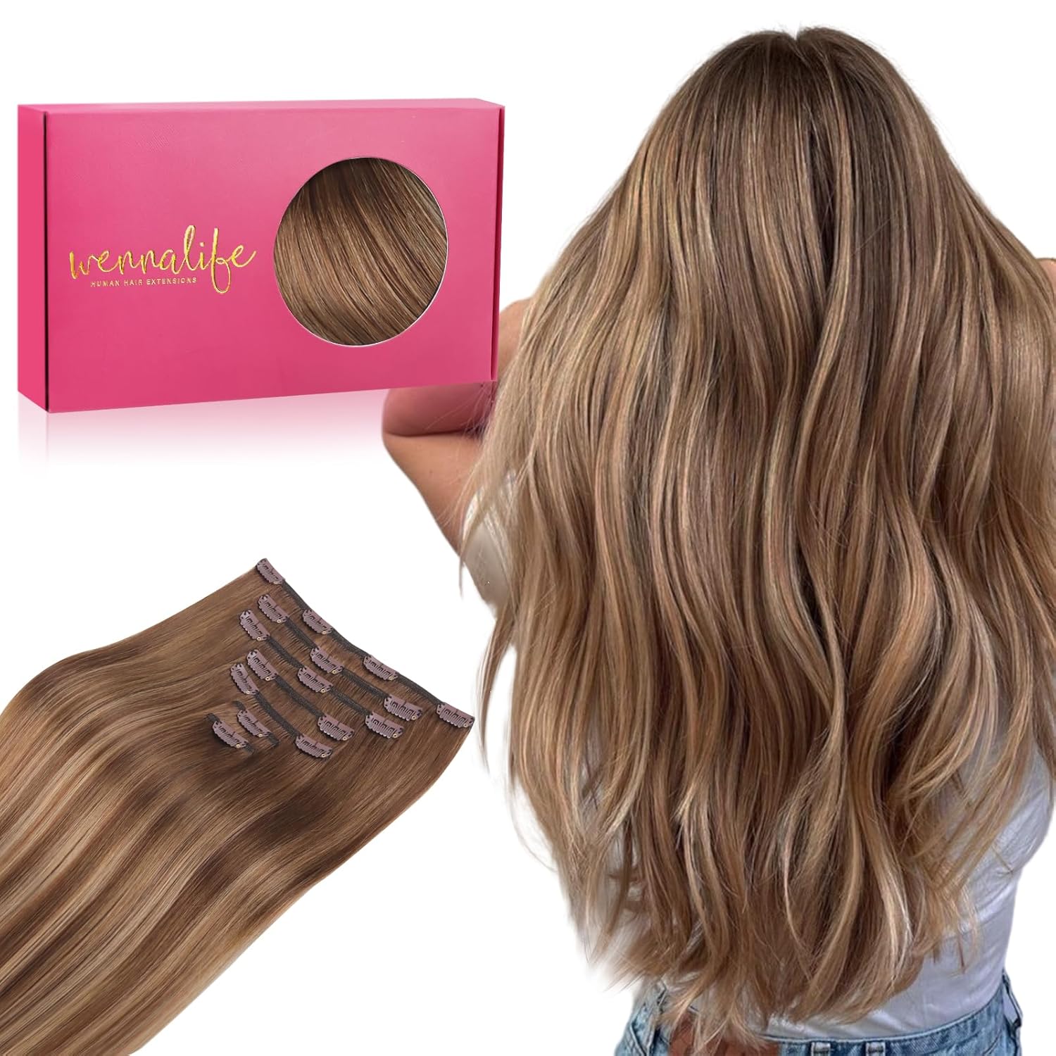 WENNALIFE Clip in Hair Extensions Real Human Hair, 18 Inch 120g 7pcs Human Hair Extensions Clip In Human Hair, Balayage Chestnut Brown Mixed Dirty Blonde Hair Extensions Clip In Real Hair Remy Human