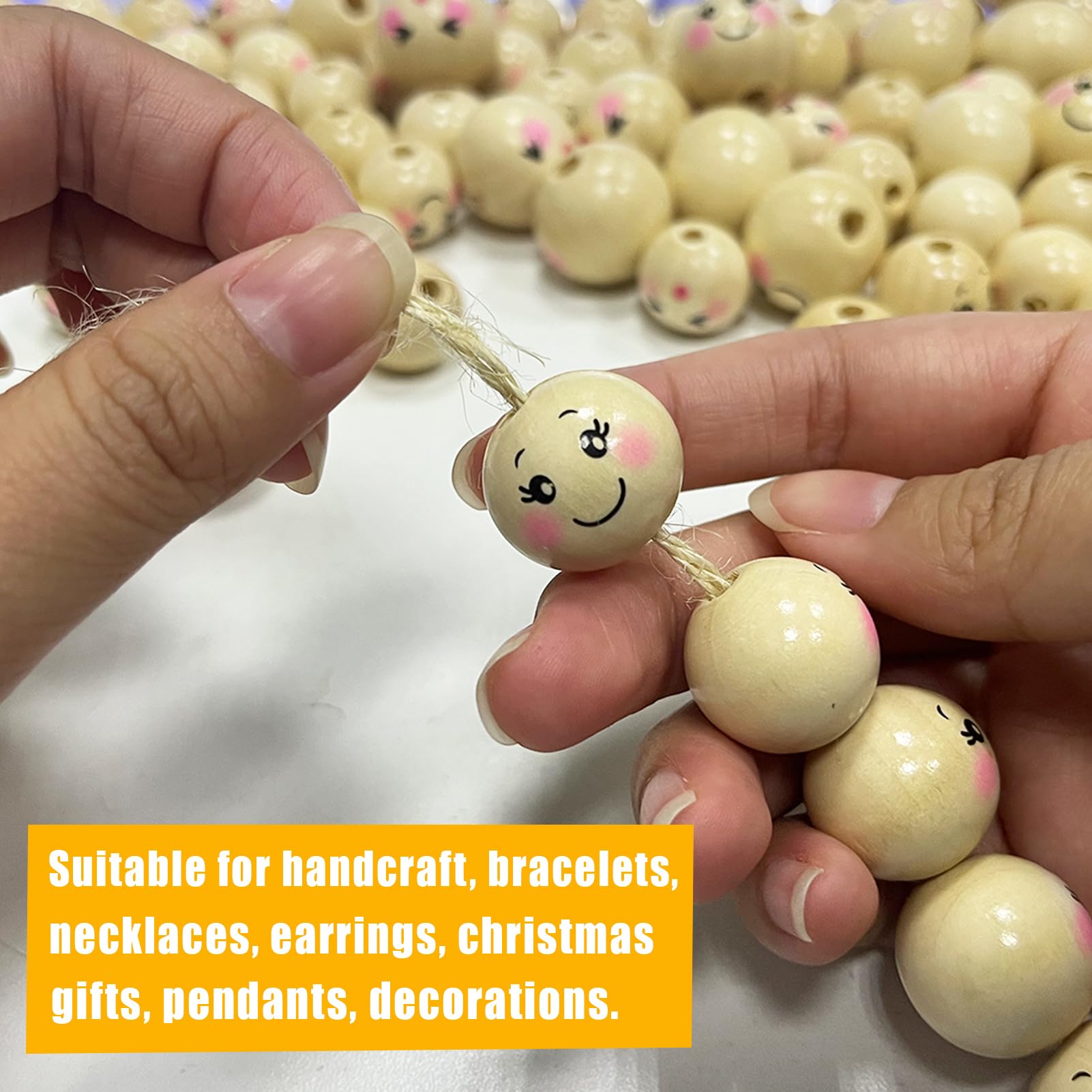 30 Stück Holzperlen Mit Gesichtern - 25mm DIY Bastelperlen Für Sorgenwurm & Schmuck