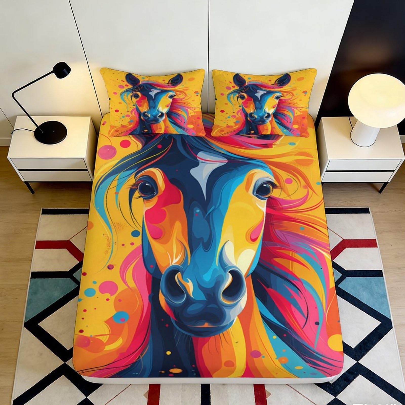 3D Printed Colorful Horse Fitted Sheet Microfiber Soft Breathable Vibrant Horse Bed Cover for Bedroom Dormitory Guest Room Mattress Protection 180x200x25cm