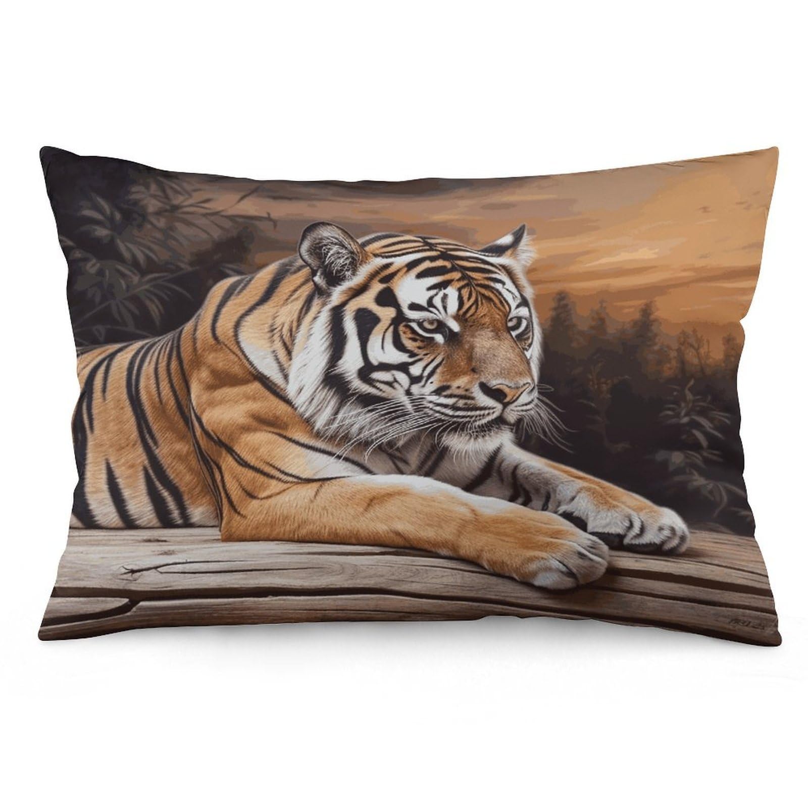 Tiger Lying on Wood Throw Pillow Covers with Silent Zipper Polyester Pillow Protectors Removable Pillow Cases Soft Pillowcase Cozy Pillow Sham Cushion Cover for Sofa Car Bed 16 "x24