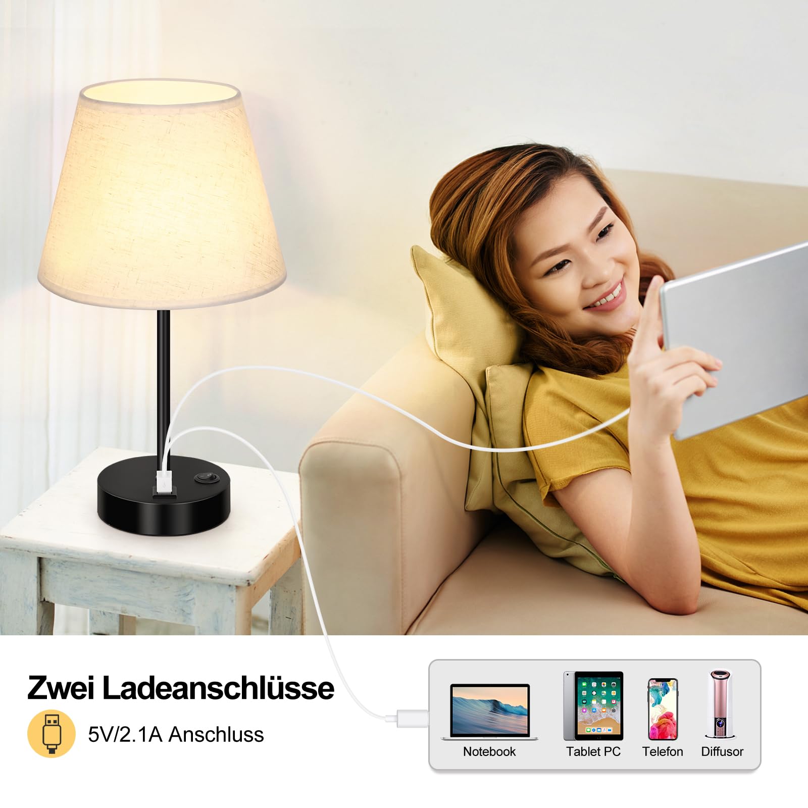 LIANTRAL Set di 2 lampade da comodino con 2 porte USB, E27, lampada da tavolo moderna, Paralume in tessuto, base in metallo, lampada da tavolo per camera da letto, soggiorno, ufficio