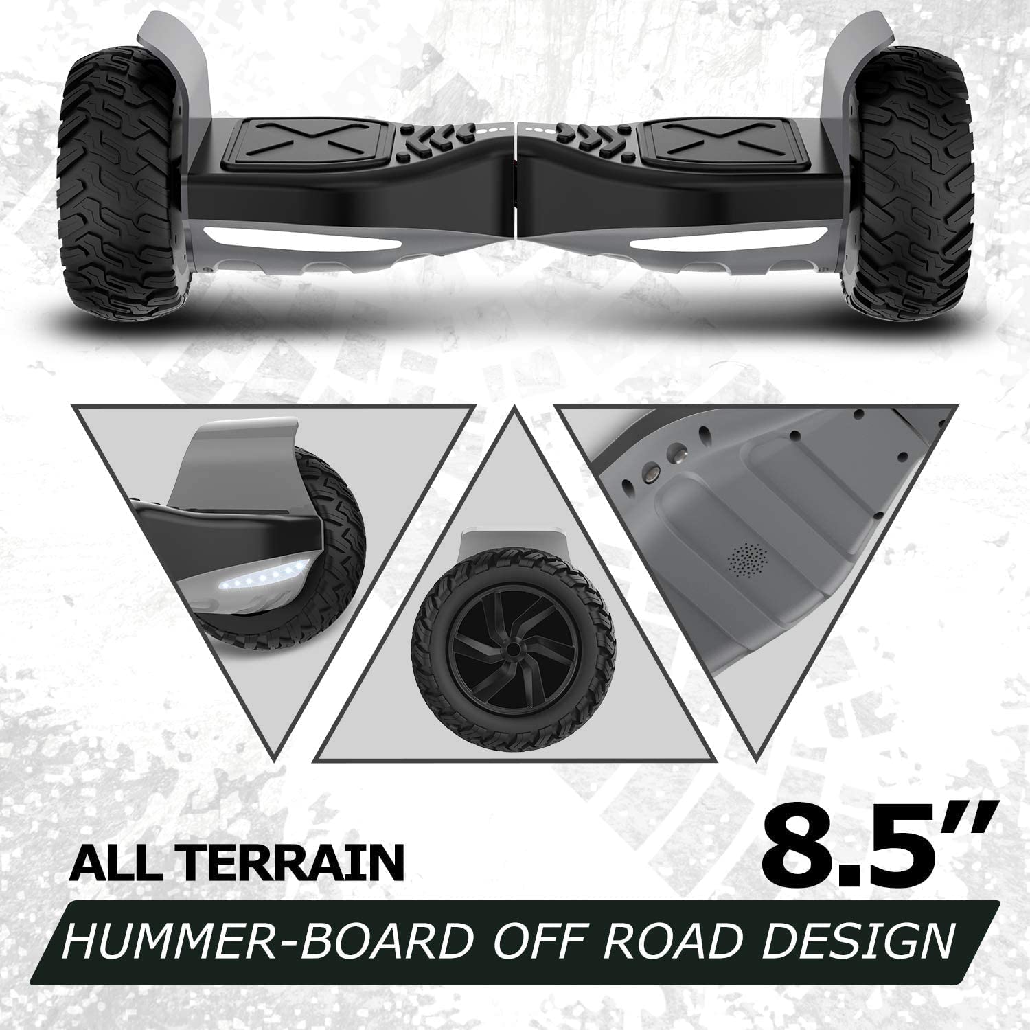 GeekMe Hoverboard SUV Tout-Terrain 8,5 Pouces, Application Mobile, Haut-Parleur Bluetooth, Double Moteur, Lumières LED, Enfants et Adultes