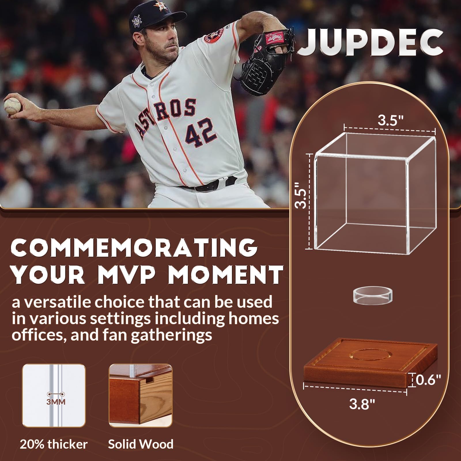 JupDec Baseball Display Case, Clear Cube Baseball Holder with Wooden Base, Autograph Baseball Stand Box for Single Ball, Acacia Wood, Brown