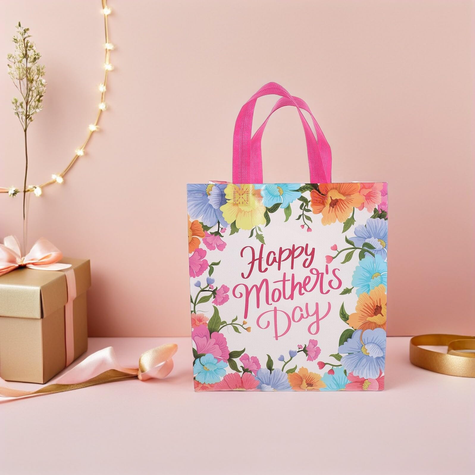 UTHCLO Bolsas de Obsequio Día Madre 24 Piezas Bolsa No Tejida con Asas Diseño Floral Tamaño Mediano para Envolver Regalos Dulces y Recuerdos de Fiesta para Mamá y Abuelas